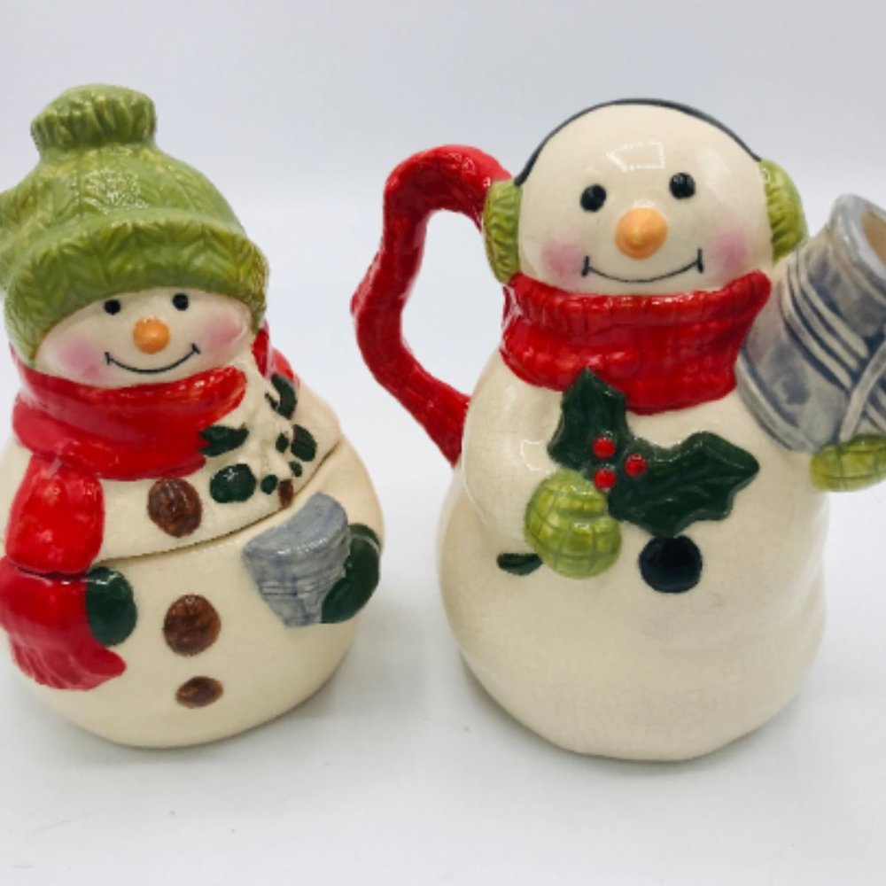 Vintage Pair Snowman Ceramic Creamer and Sugar Bowl Set - Christmas